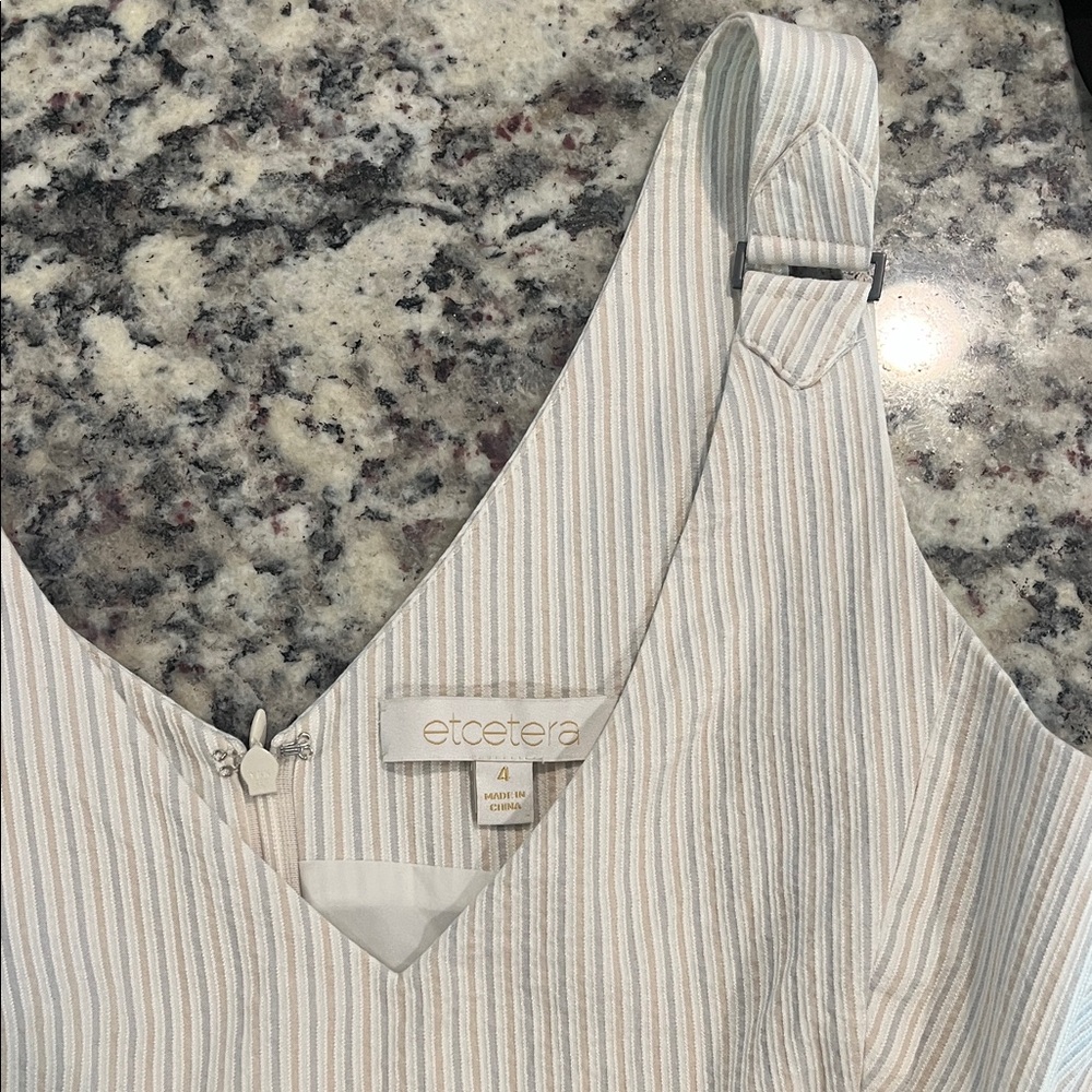 Etcetera Cream Dress with Light Blue & Tan Stripe Detail